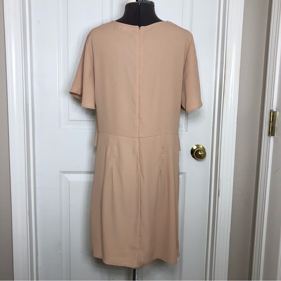 Entro V Neck Adjustable Knot Detail Cape Sleeve Zipper Dusty Rose Tan Dress L - Picture 6 of 14